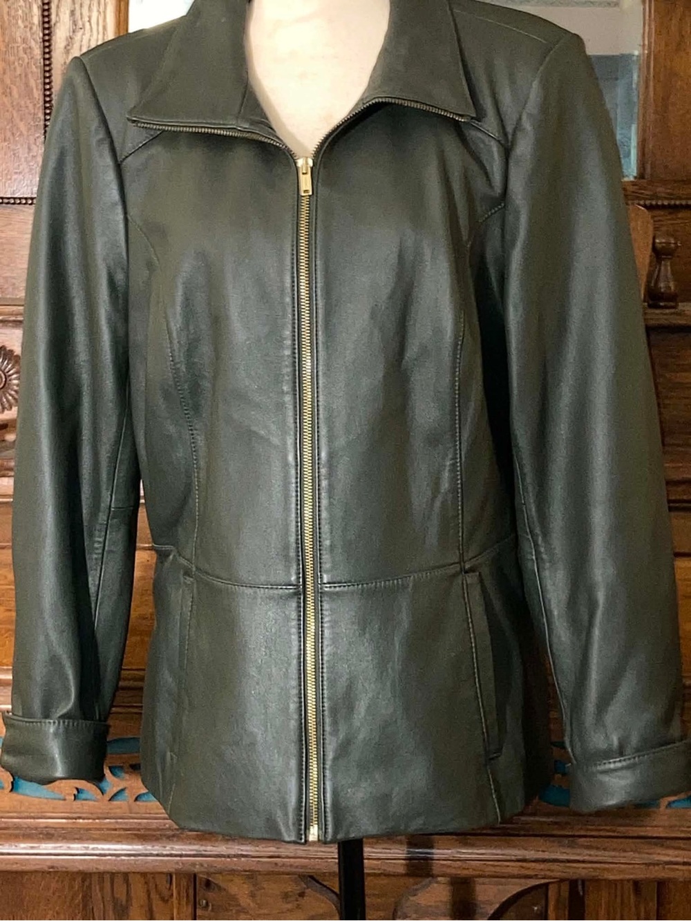 Denim&Co black lamb Leather Zip-Front Jacket large